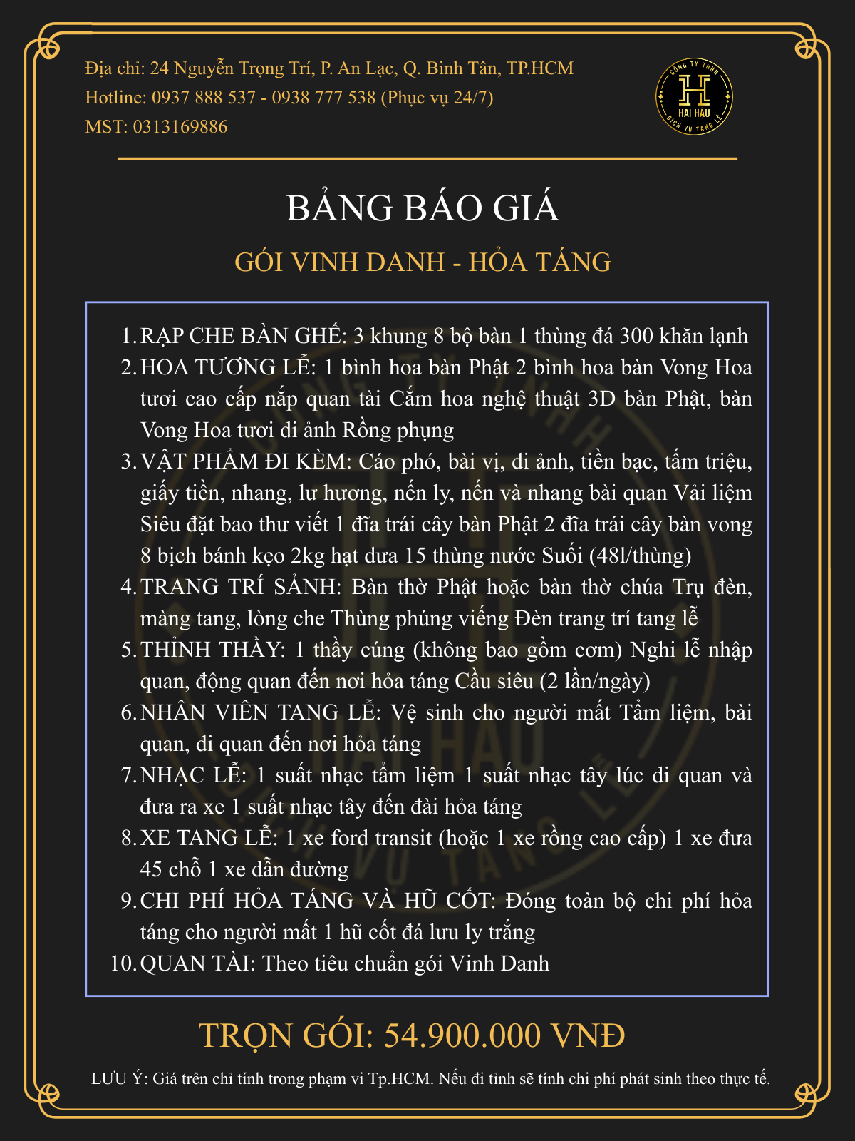 Gói VINH DANH-Hỏa Táng