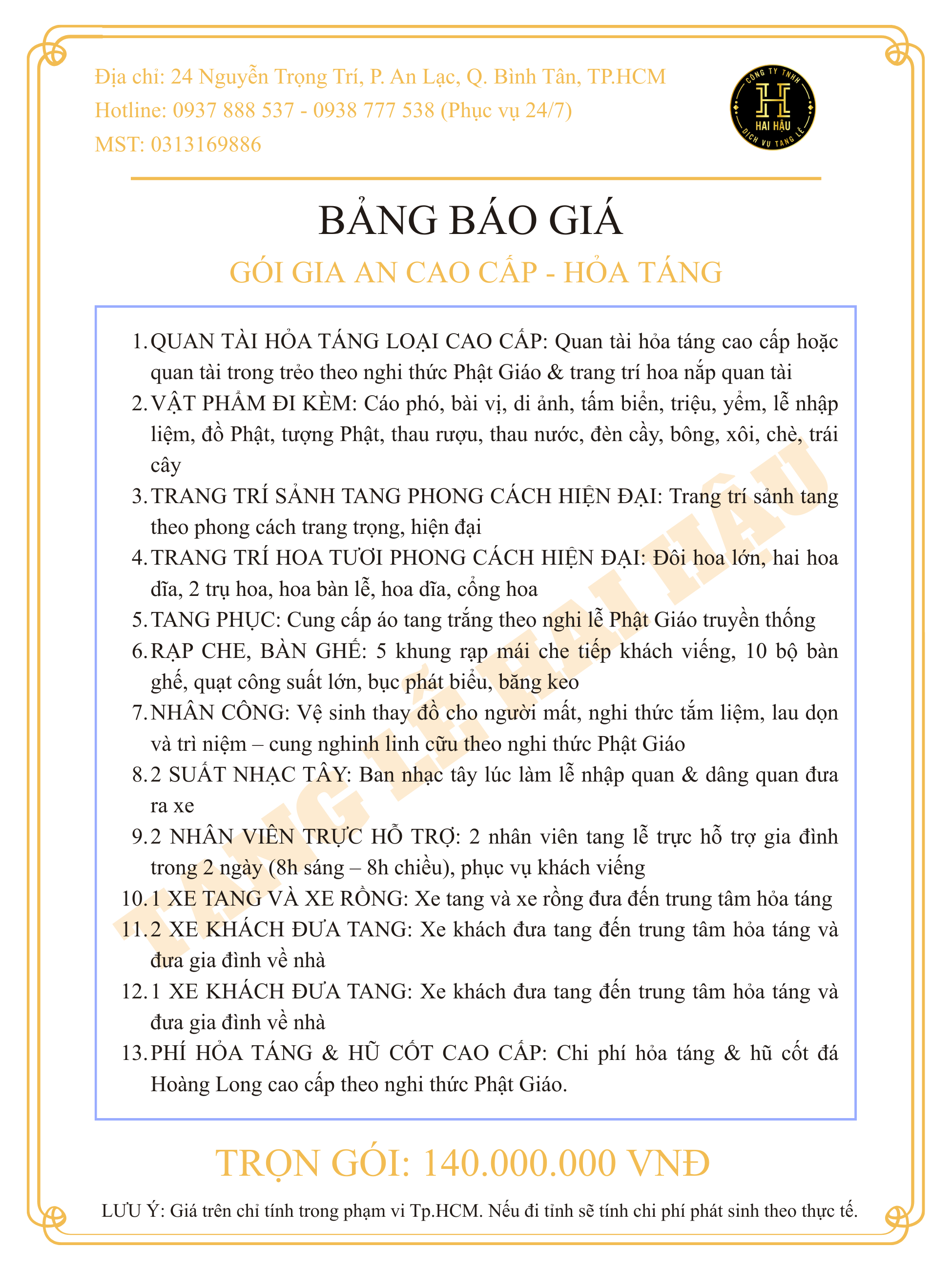 Gói GIA AN CAO CẤP-Hỏa Táng