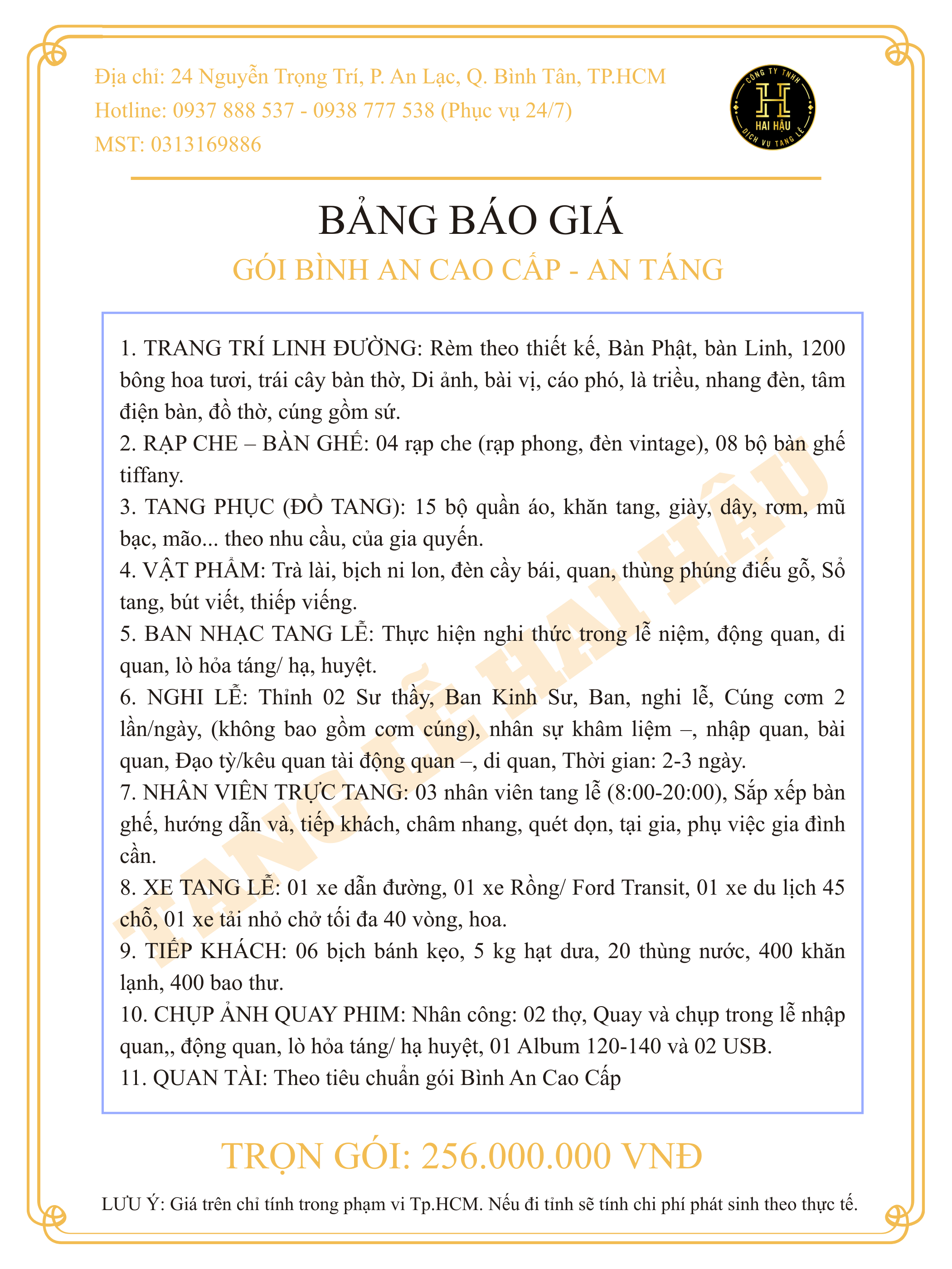 Gói BÌNH AN CAO CẤP-An Táng