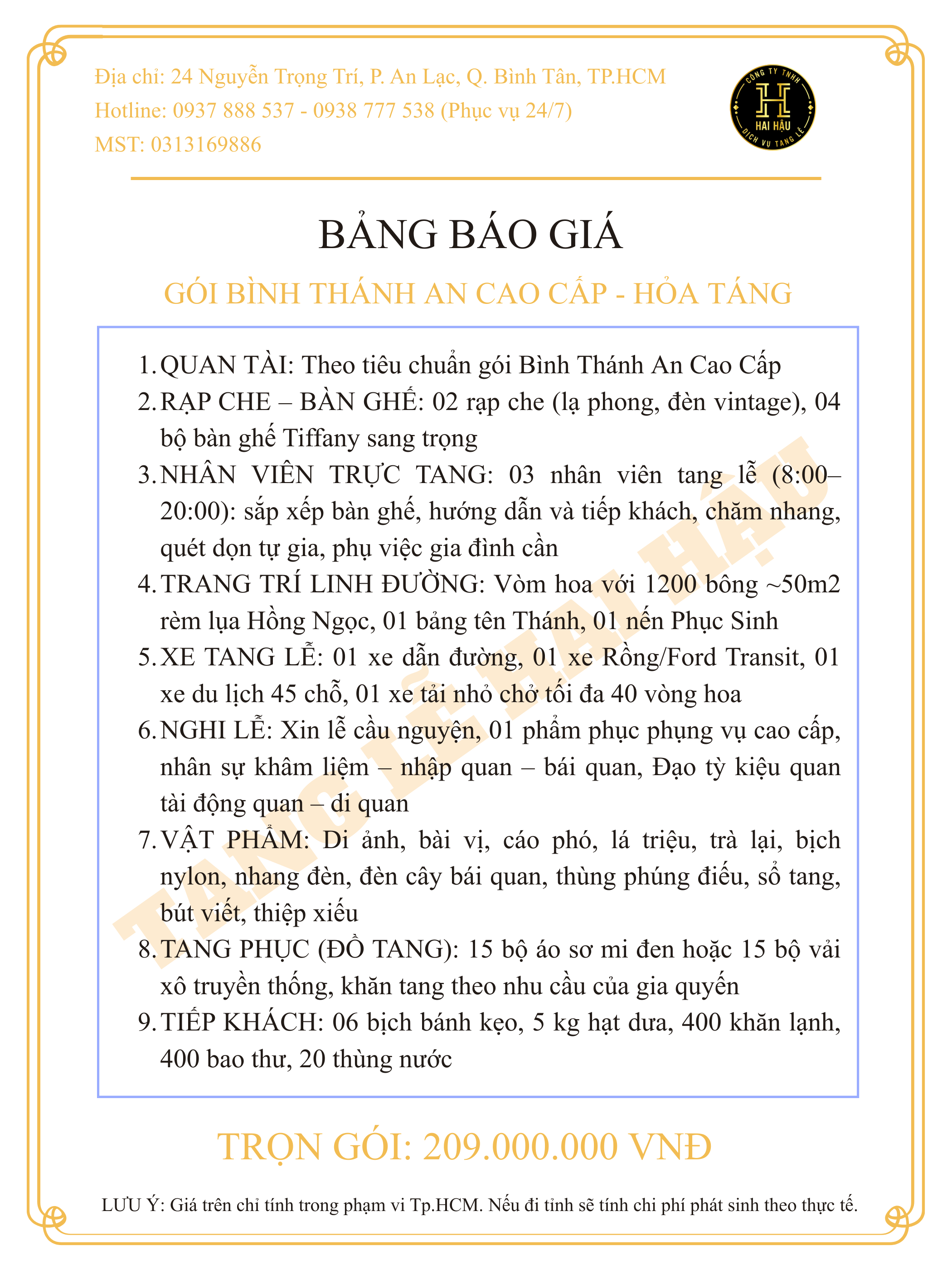 Gói BÌNH AN CAO CẤP-Hỏa Táng