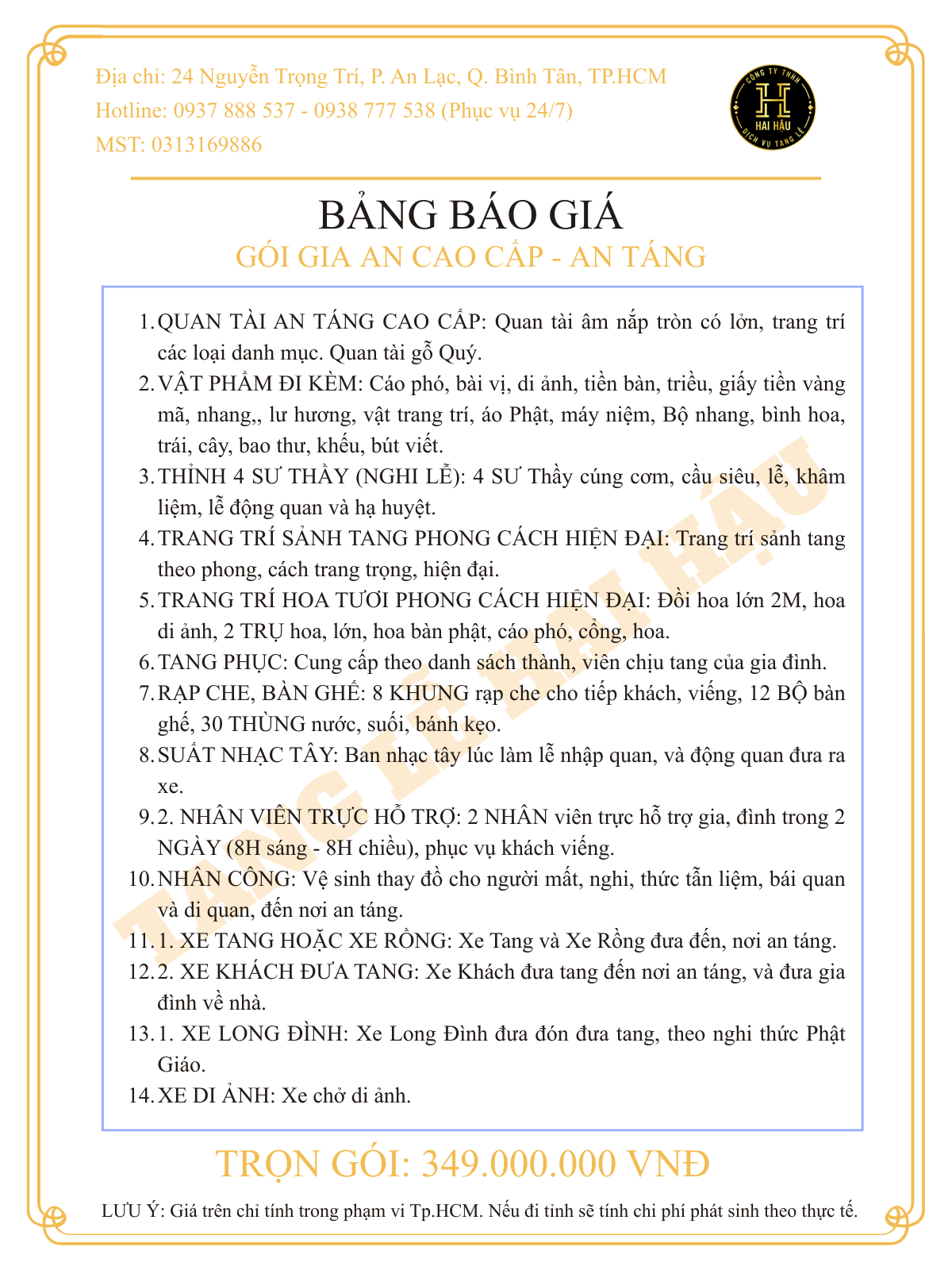 Gói GIA AN CAO CẤP-An Táng