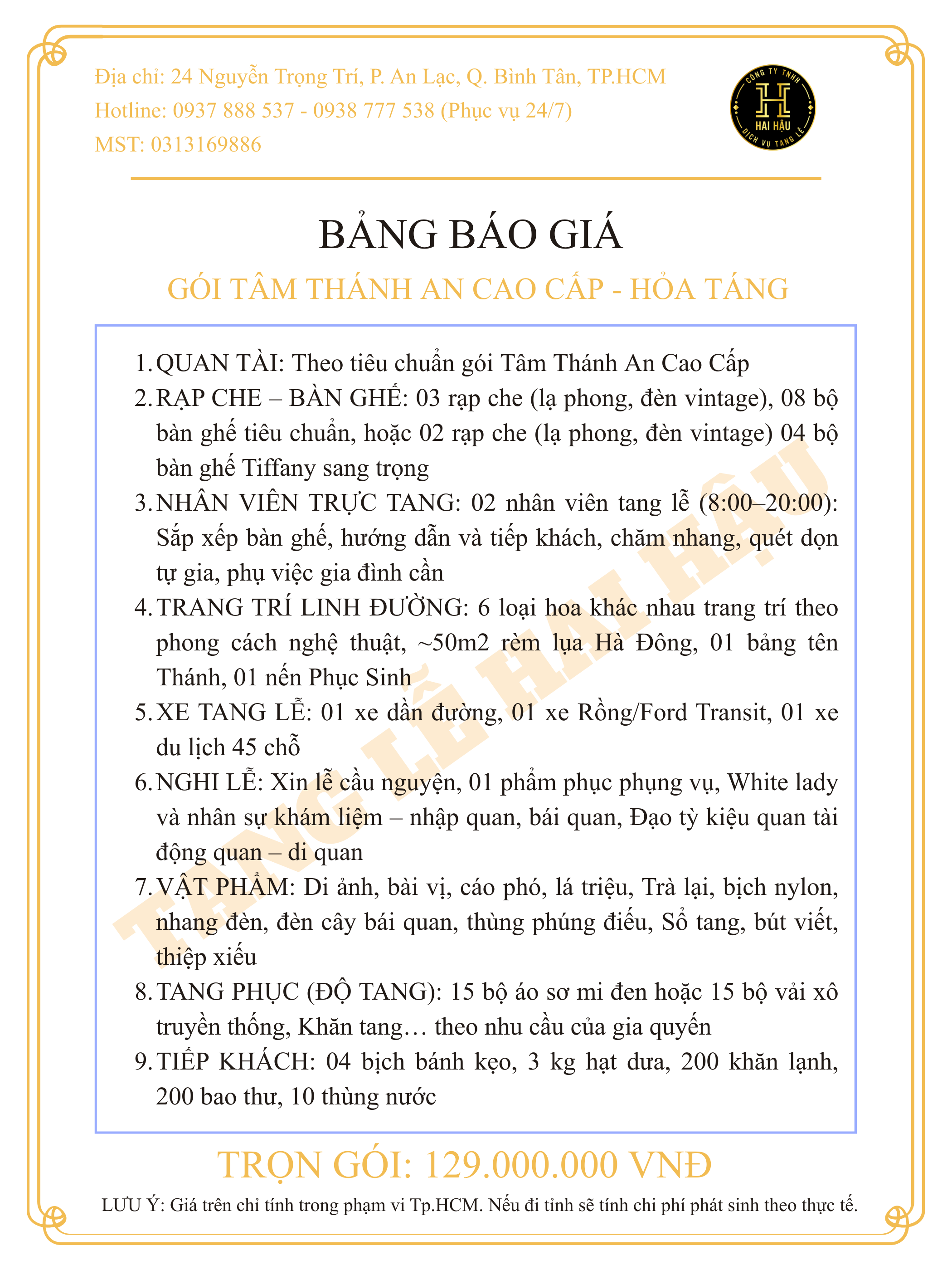 Gói TÂM THÁNH AN CAO CẤP-Hỏa Táng