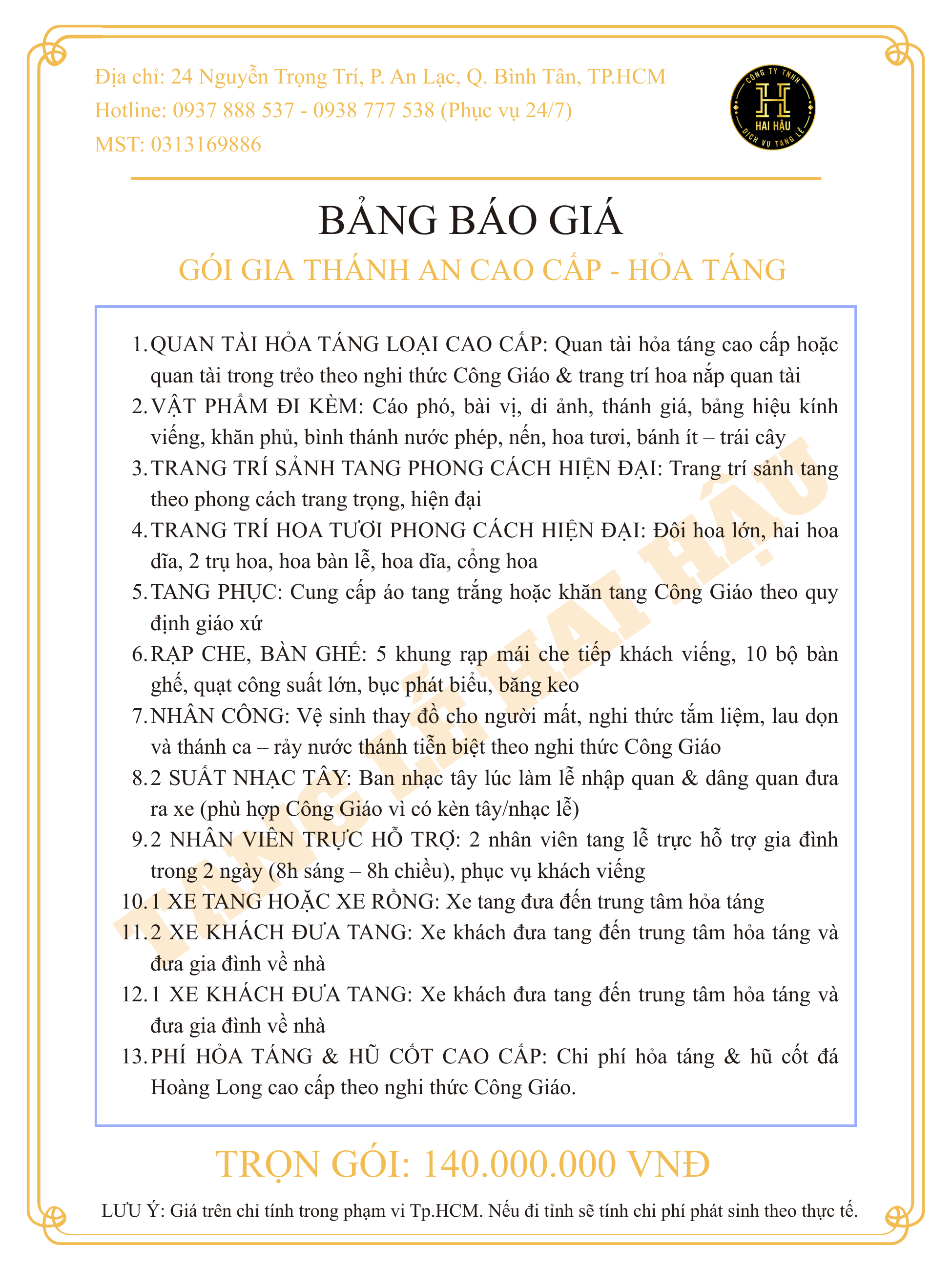 Gói GIA THÁNH AN CAO CẤP-Hỏa Táng