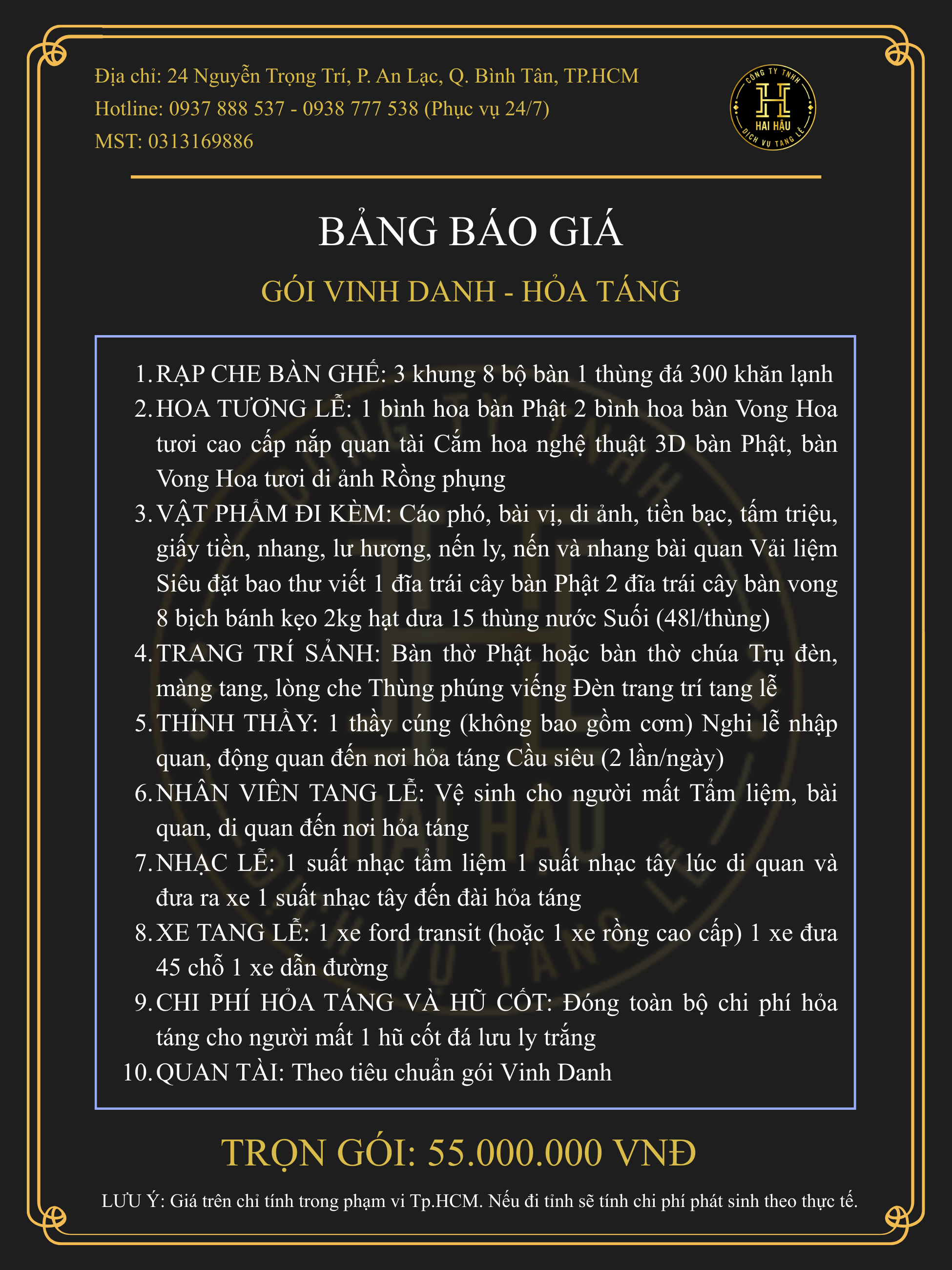 Gói VINH DANH-Hỏa Táng