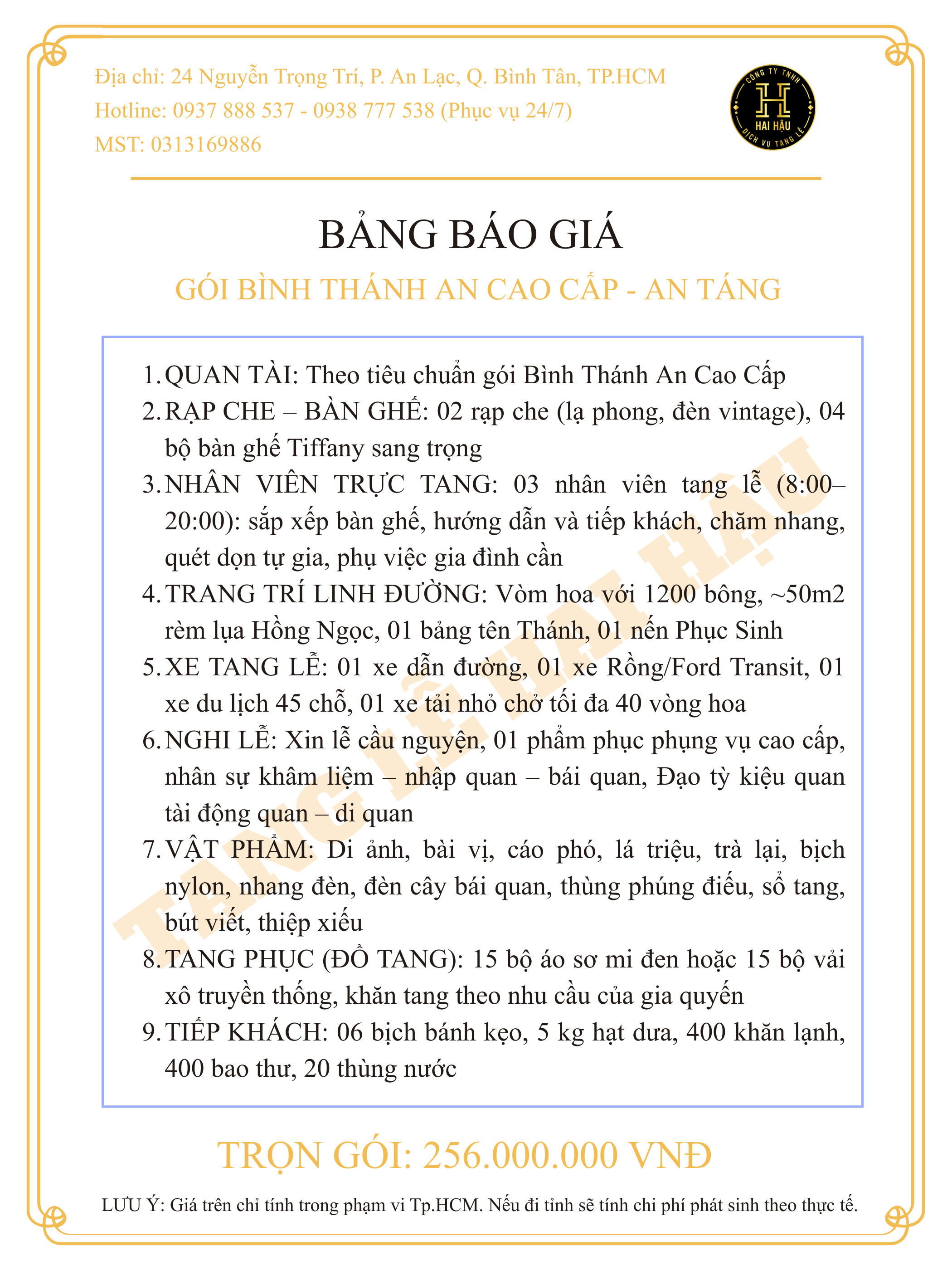 Gói BÌNH THÁNH AN CAO CẤP-An Táng