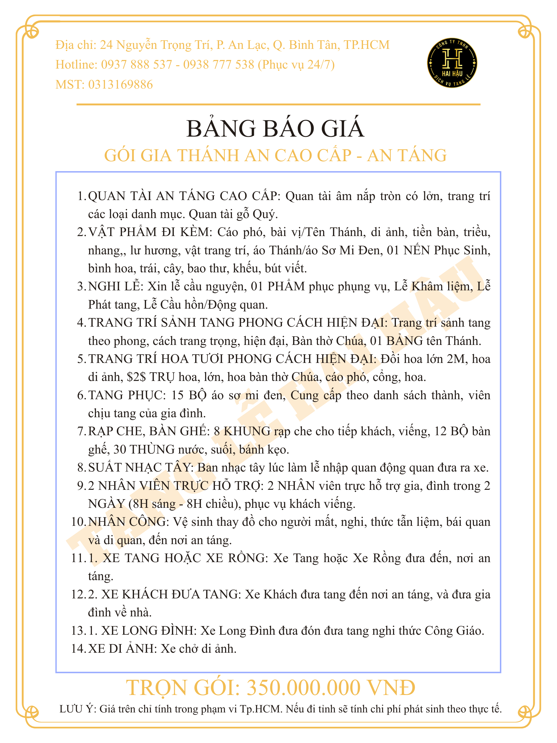 Gói GIA THÁNH AN CAO CẤP-An Táng