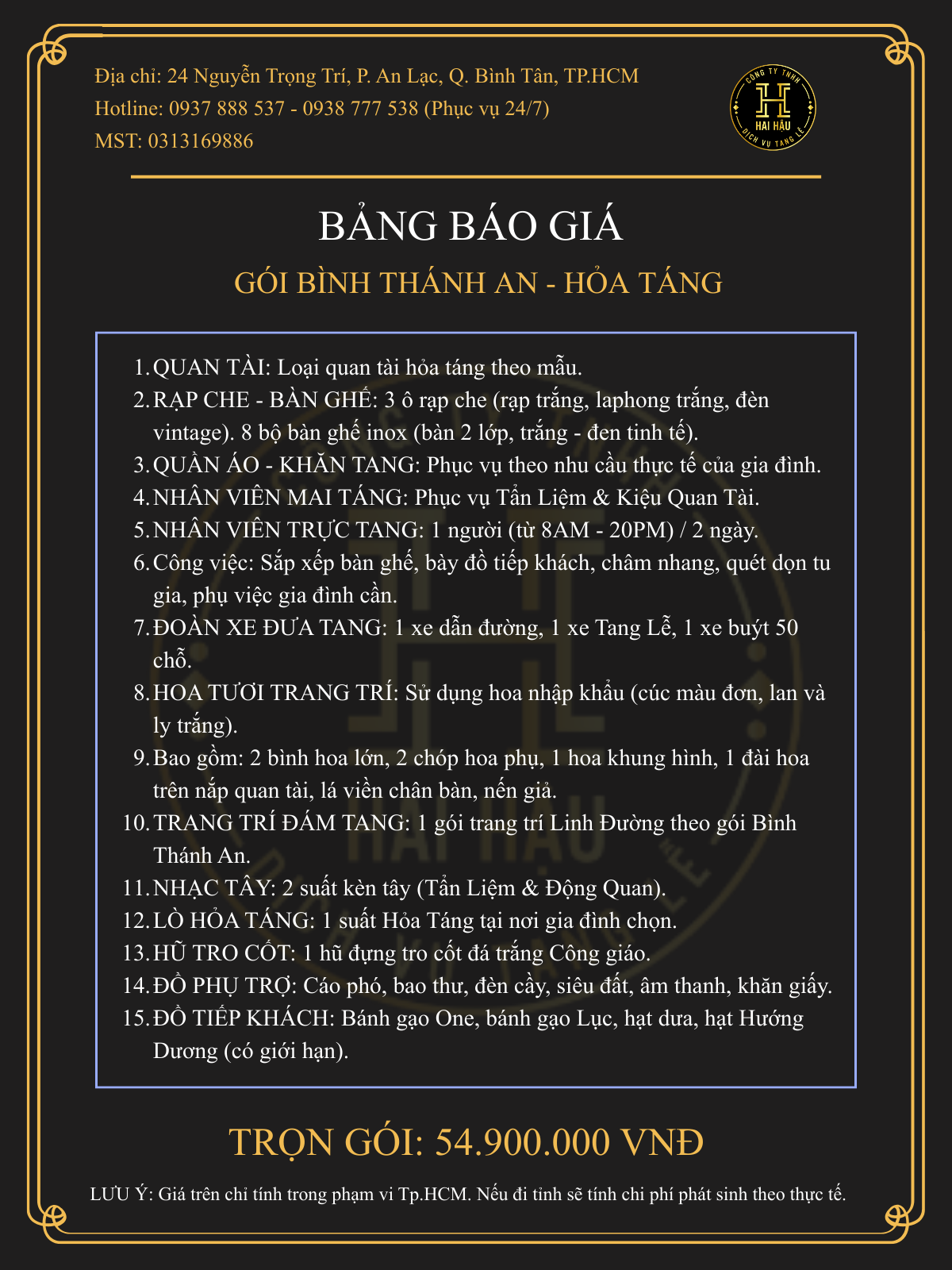 Gói BÌNH THÁNH AN-Hỏa Táng